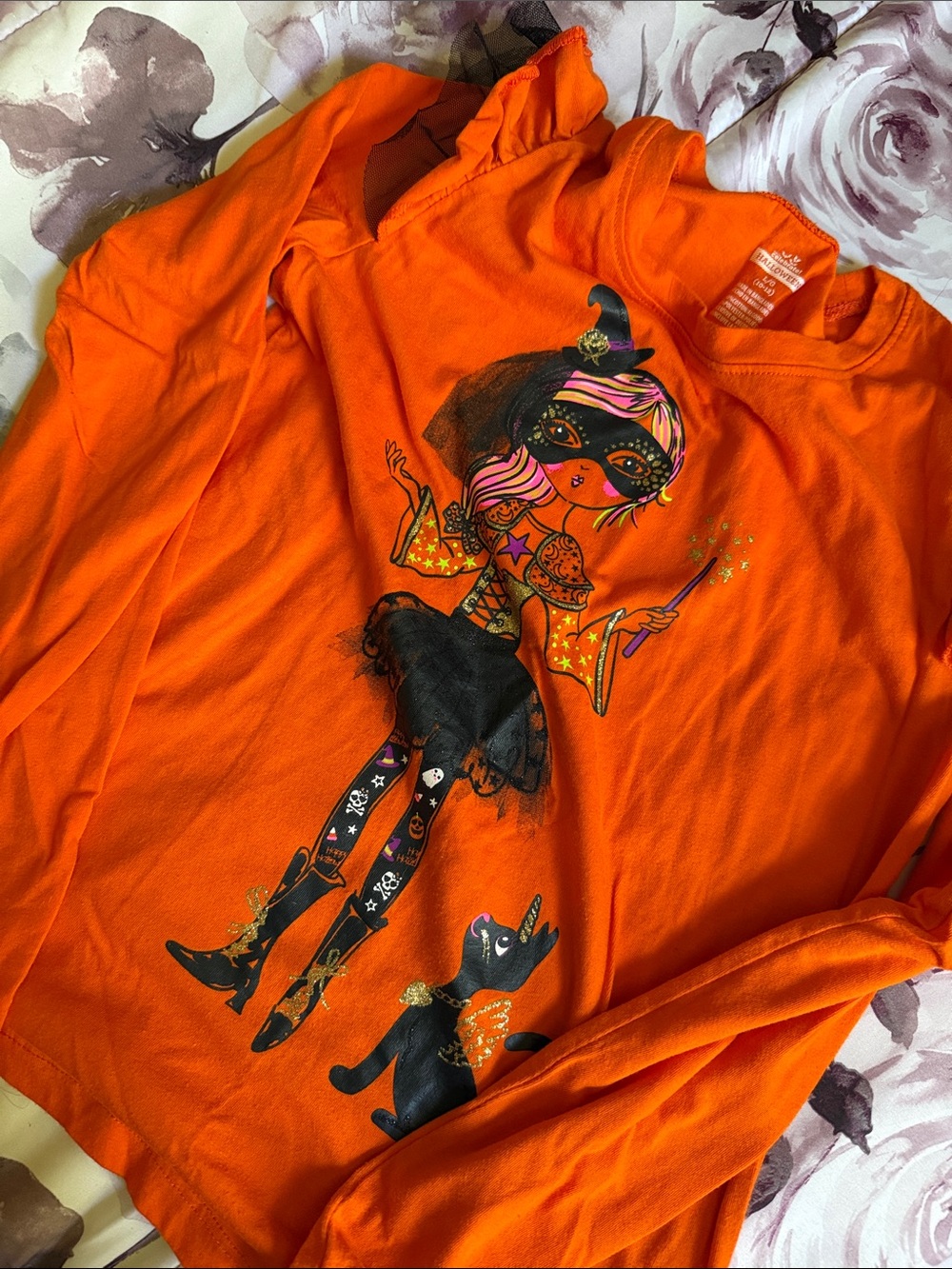 Girls' Orange Halloween Witch Graphic Long-Sleeve Tee